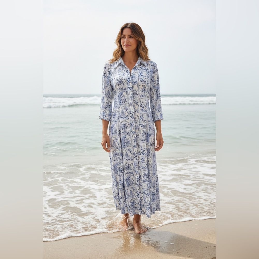 C&C California Linen Blend Maxi Dress Tropical Print Fit And Flare Med. Coastal